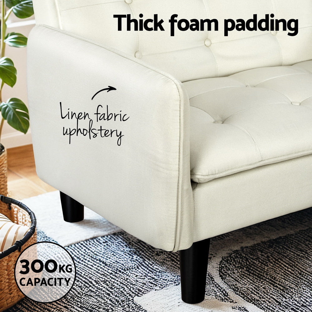 Marlook Sofa Bed 3 Seater Tufted Faux Linen Beige