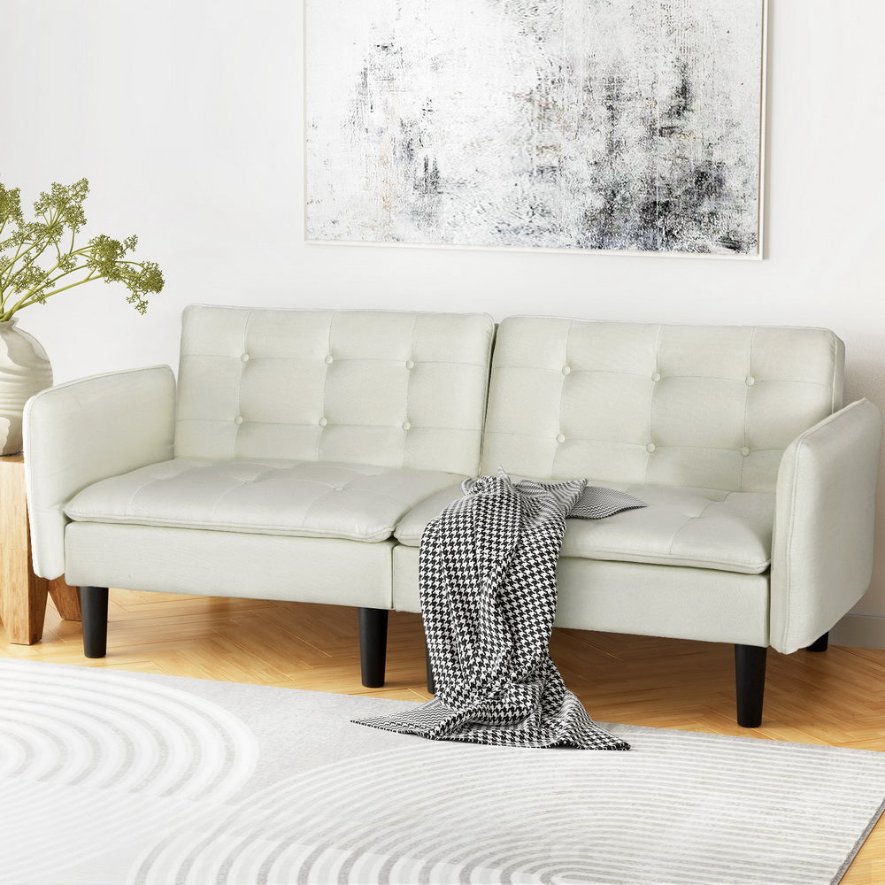 Marlook Sofa Bed 3 Seater Tufted Faux Linen Beige