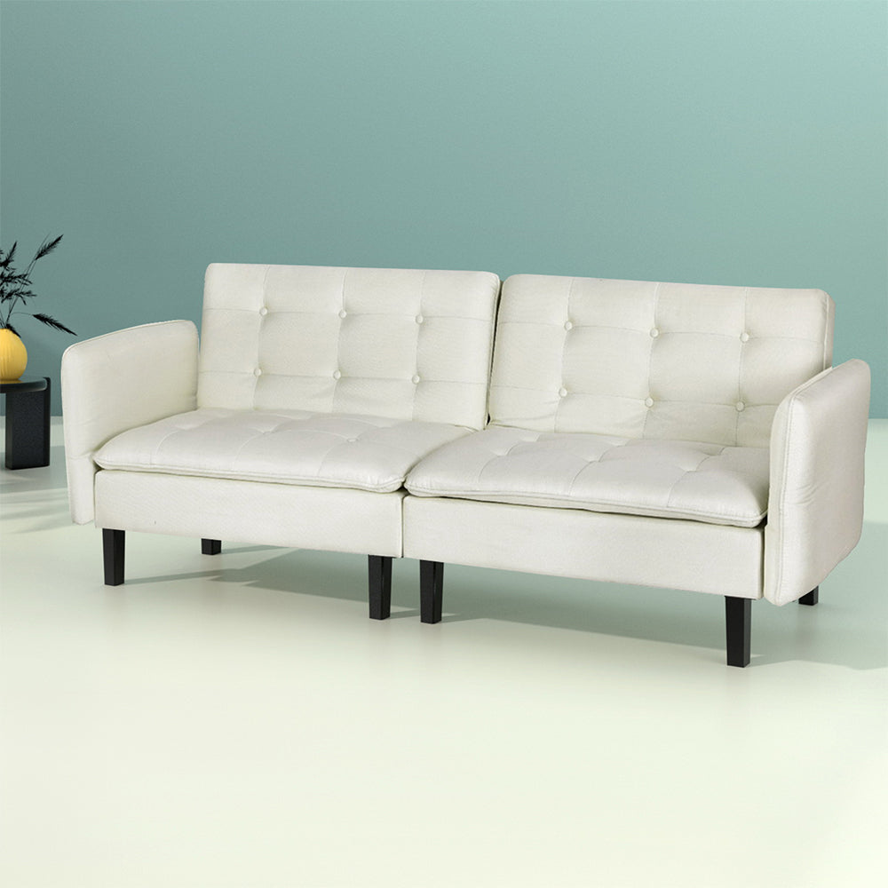 Marlook Sofa Bed 3 Seater Tufted Faux Linen Beige