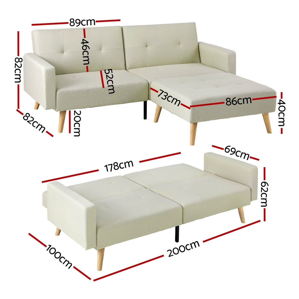 Marlook Sofa Bed Ottoman 3 Seater Beige Faux Linen