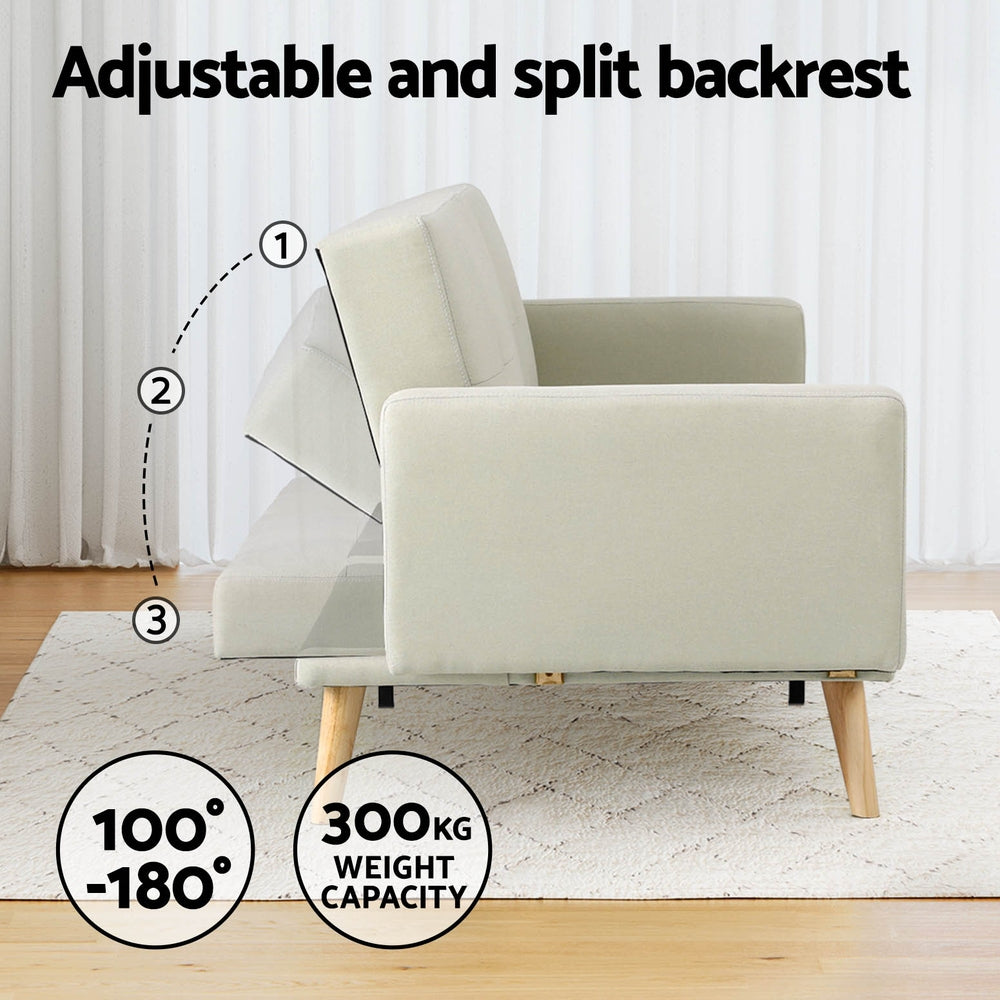Marlook Sofa Bed Ottoman 3 Seater Beige Faux Linen