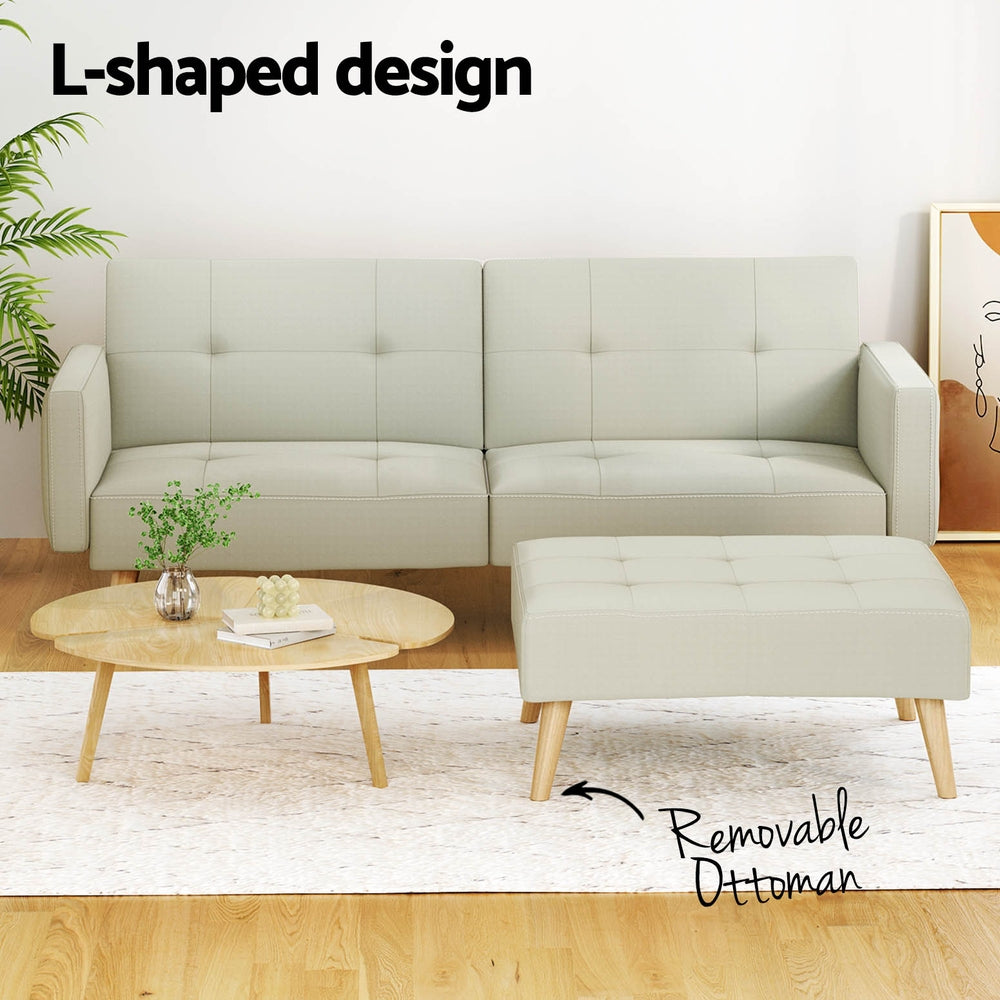 Marlook Sofa Bed Ottoman 3 Seater Beige Faux Linen