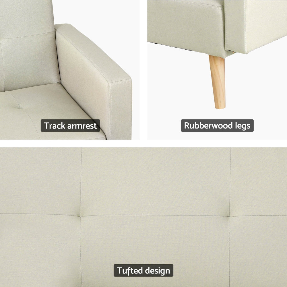 Marlook Sofa Bed Ottoman 3 Seater Beige Faux Linen