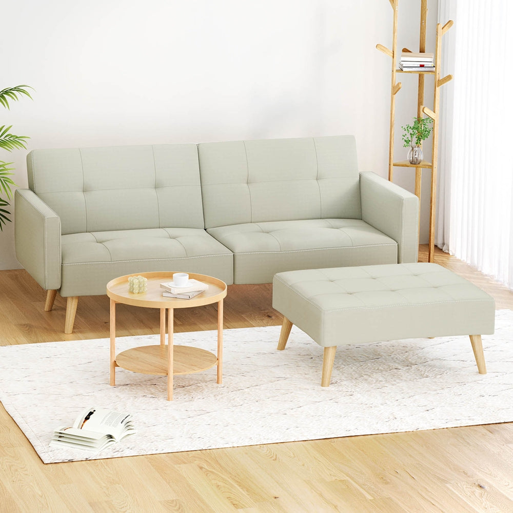 Marlook Sofa Bed Ottoman 3 Seater Beige Faux Linen