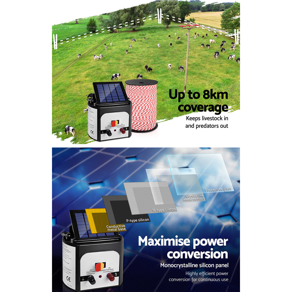 Marlook Fence Energiser 8KM Solar Powered Electric 500M Poly Rope