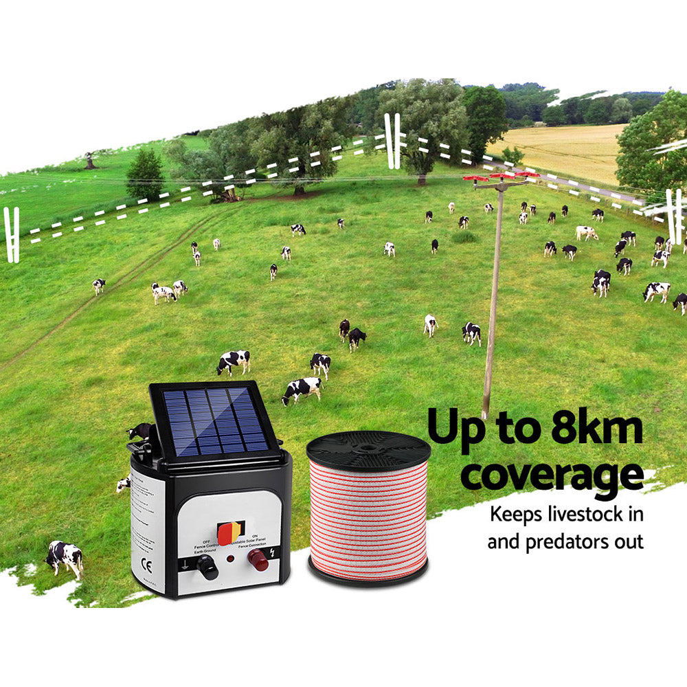 Marlook Fence Energiser 8KM Solar Powered Electric 400M Poly Tape Insulator