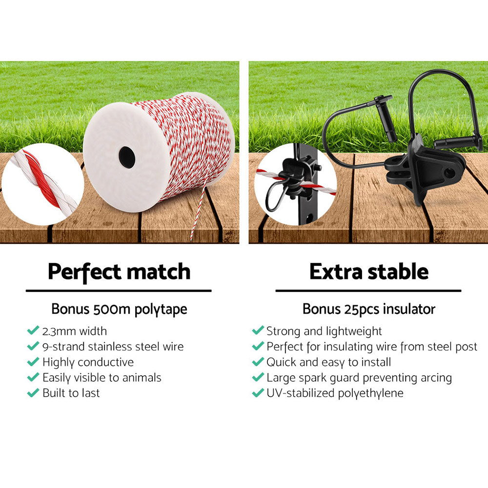 Marlook Fence Energiser 3KM Solar Powered Electric 500M Poly Wire Insulator