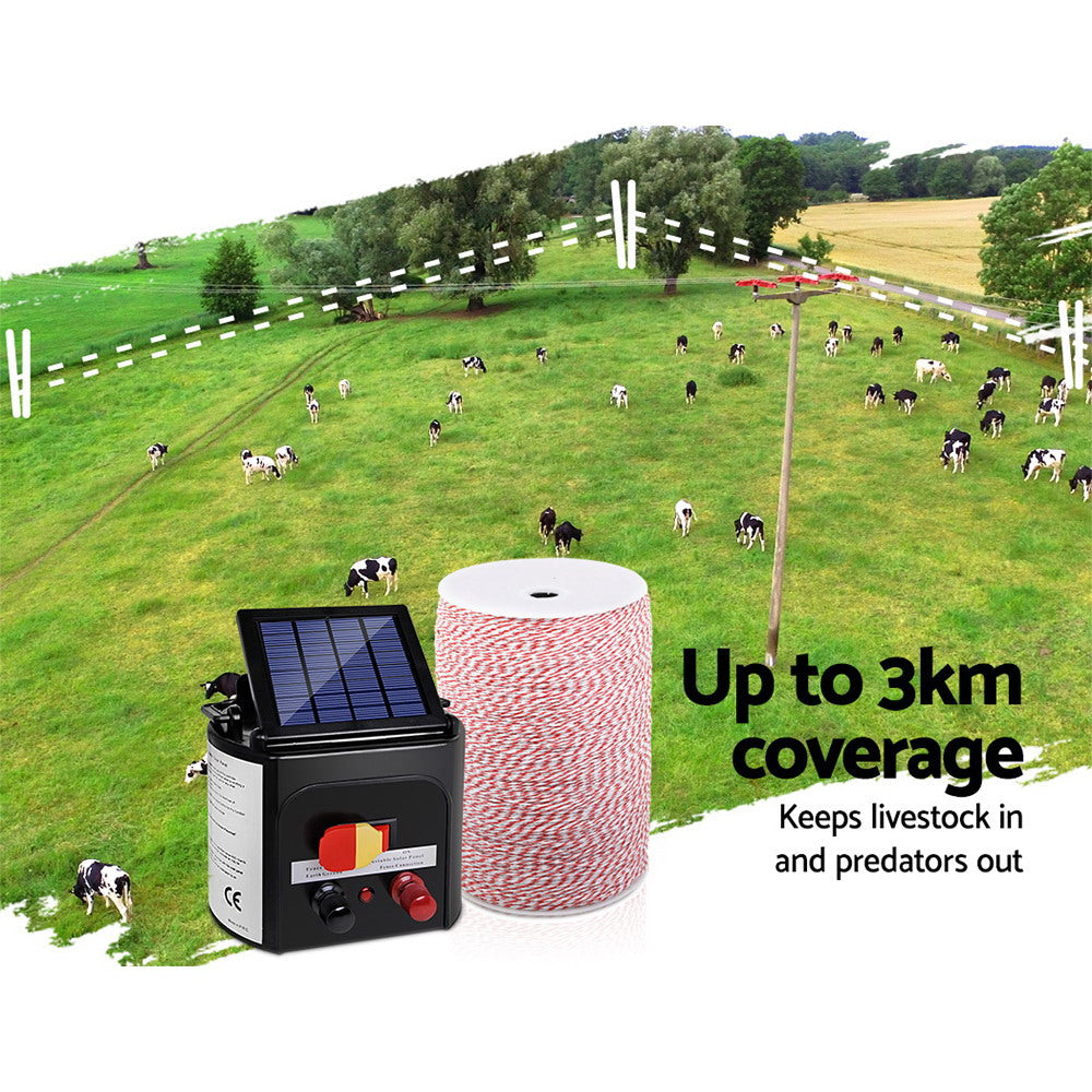 Marlook Fence Energiser 3KM Solar Powered Electric 2KM Poly Wire