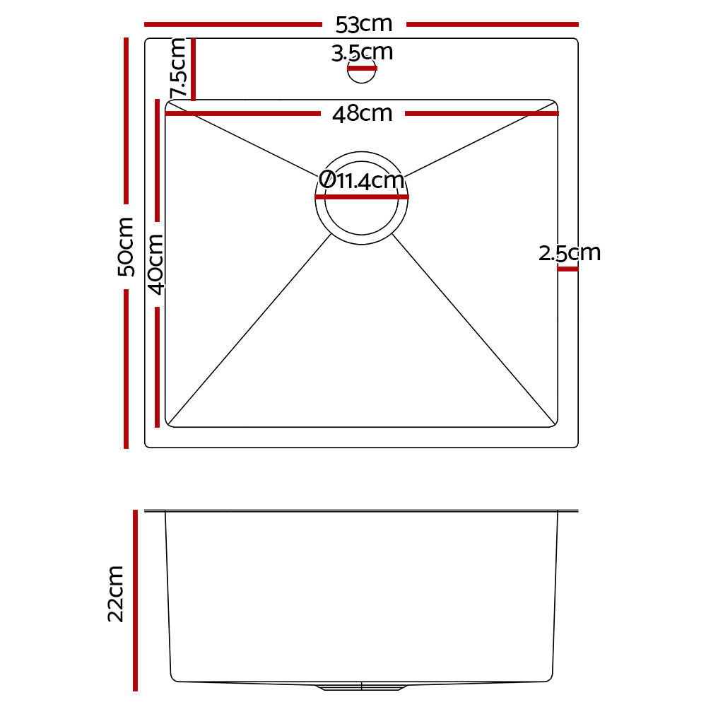 Marlook Kitchen Sink 53X50CM Stainless Steel Basin Single Bowl Laundry Silver