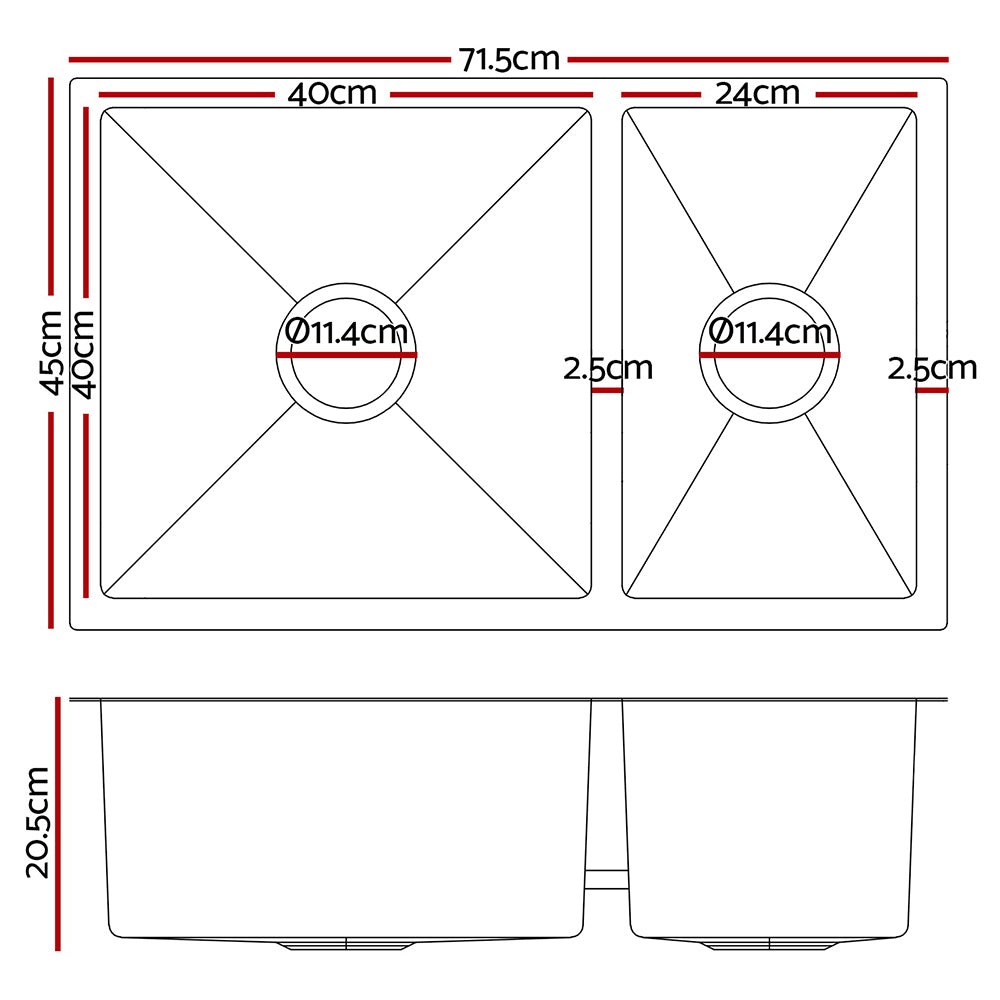 Marlook Kitchen Sink 71X45CM Stainless Steel Basin Double Bowl Laundry Silver