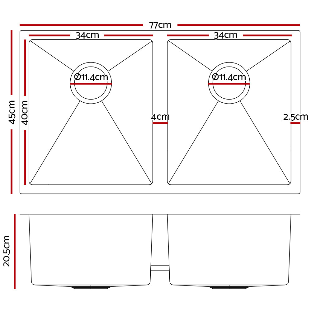 Marlook Kitchen Sink 77X45CM Stainless Steel Basin Double Bowl Laundry Silver