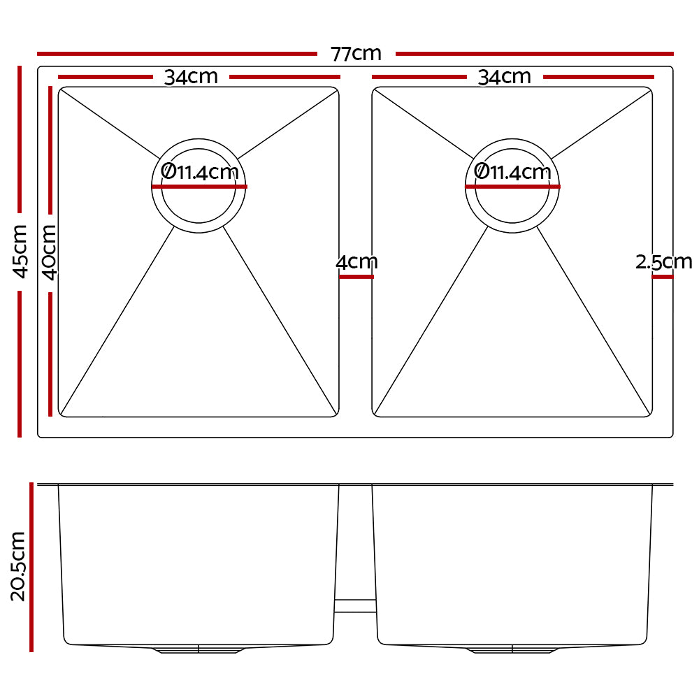 Marlook Kitchen Sink 77X45CM Stainless Steel Basin Double Bowl Laundry Black