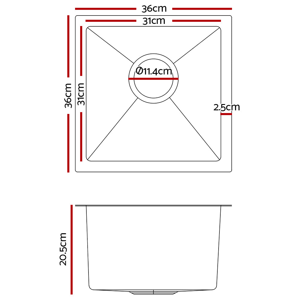 Marlook Kitchen Sink 36X36CM Stainless Steel Nano Basin Single Bowl Silver