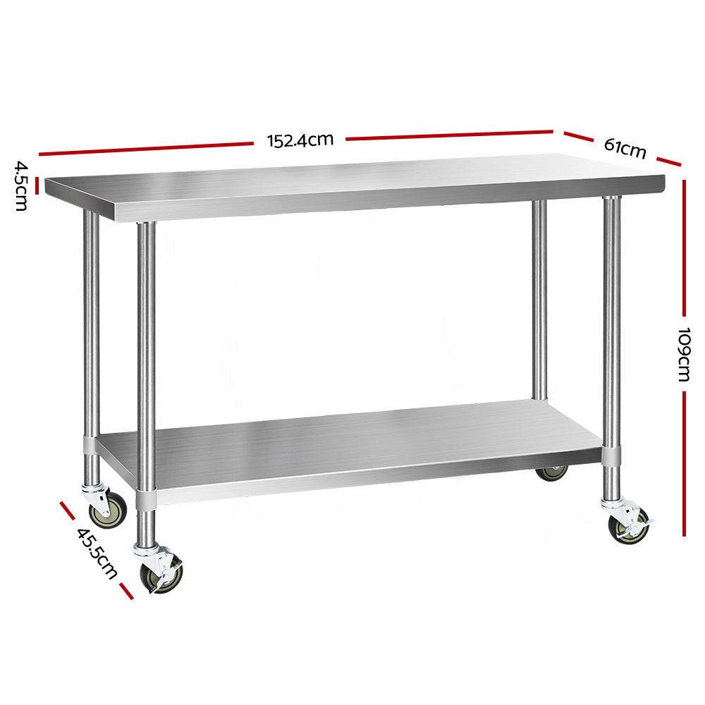 Marlook 1524x610mm Stainless Steel Kitchen Bench with Wheels 304