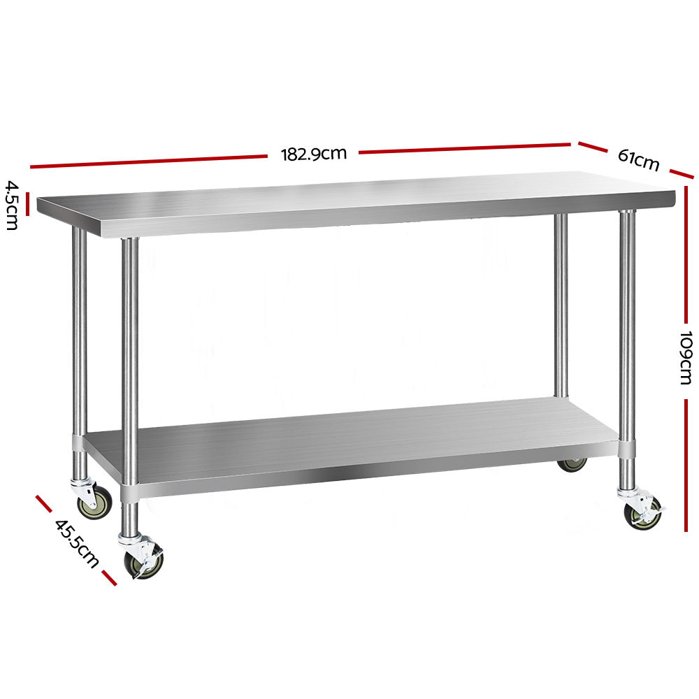 Marlook 1829x610mm Stainless Steel Kitchen Bench with Wheels 304