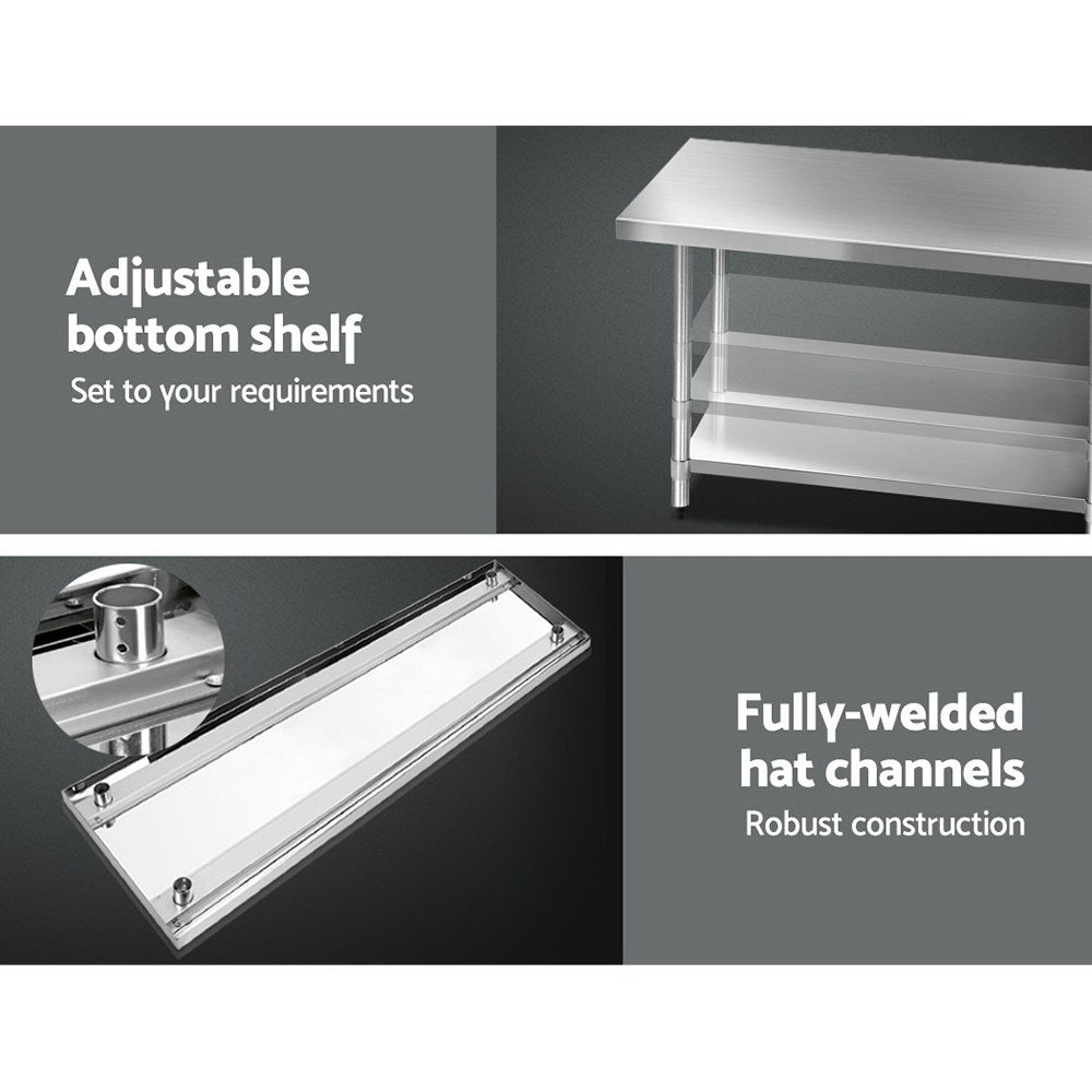 Marlook 1829x760mm Stainless Steel Kitchen Bench with Wheels 430