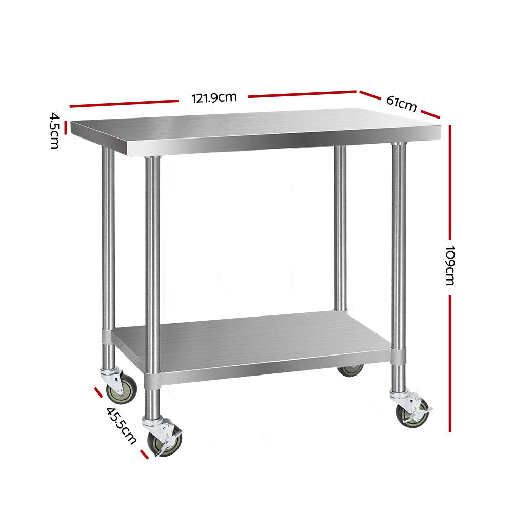 Marlook 1219x610mm Stainless Steel Kitchen Bench with Wheels 430