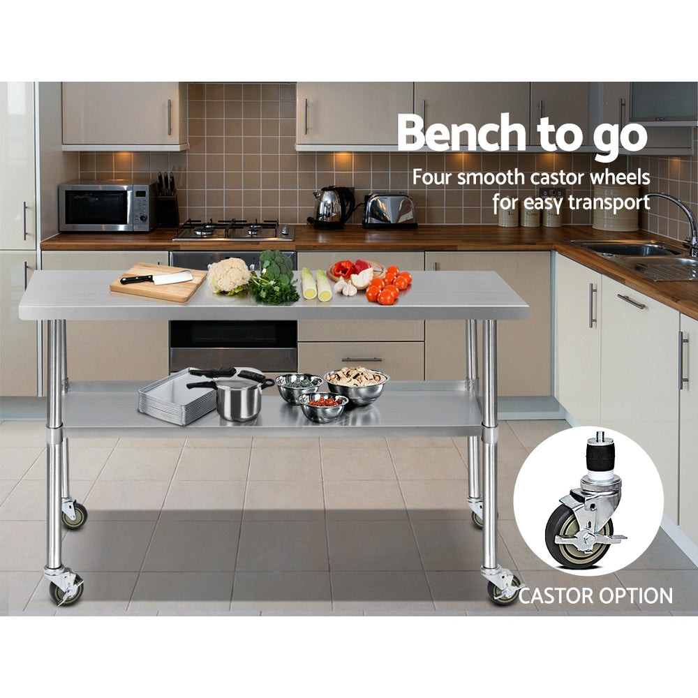 Marlook 1524x610mm Stainless Steel Kitchen Bench with Wheels 430