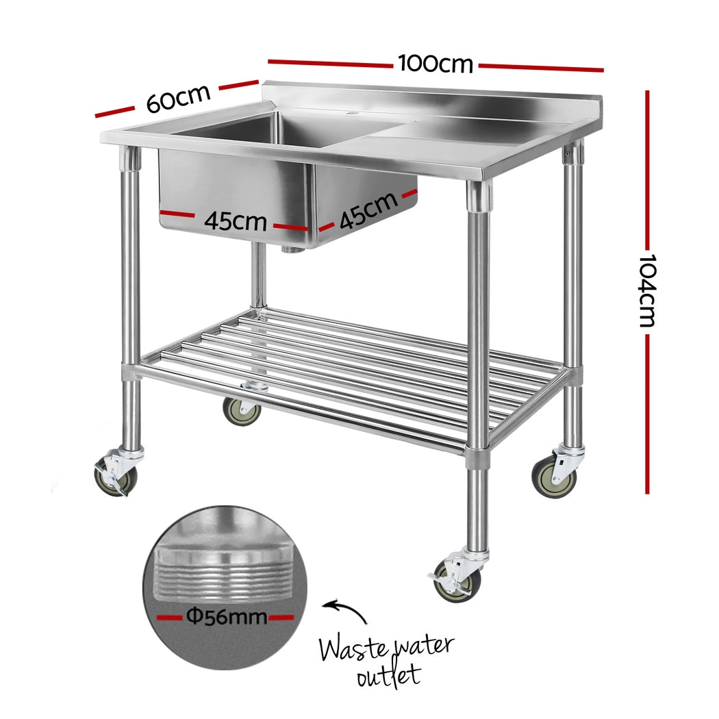 Marlook Stainless Steel Sink Bench Kitchen Work Benches Bowl Wheels 304