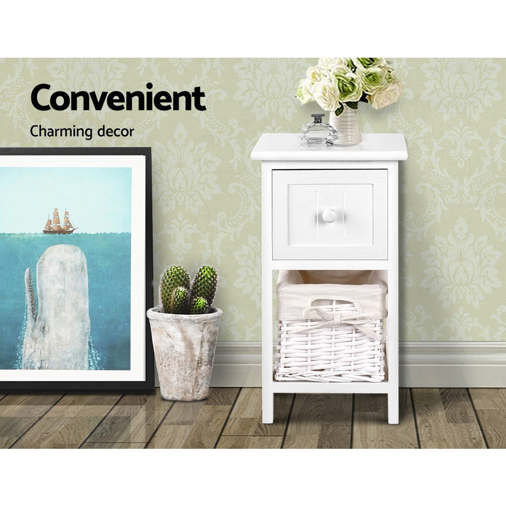 Marlook Bedside Table 1 Drawer with Basket Rustic White X2