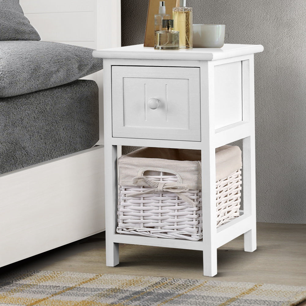 Marlook Bedside Table 1 Drawer with Basket Rustic White X2