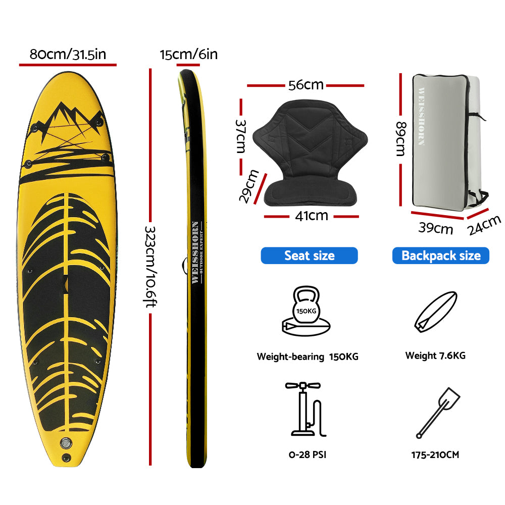 Marlook Stand Up Paddle Board 10.6ft Inflatable SUP Surfboard Paddleboard Kayak Surf Yellow