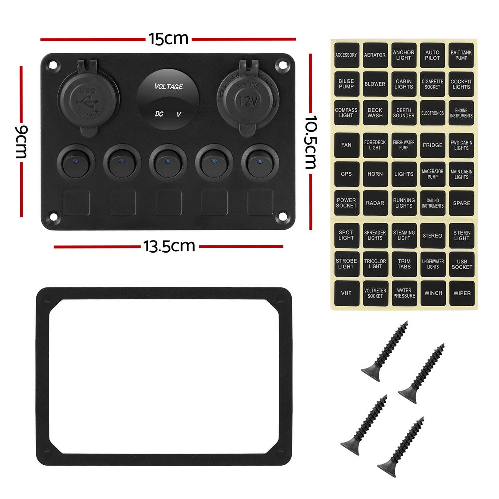 Marlook 5 Gang 12V Switch Panel For Car Boat Marine USB ON-OFF LED Rocker Toggle