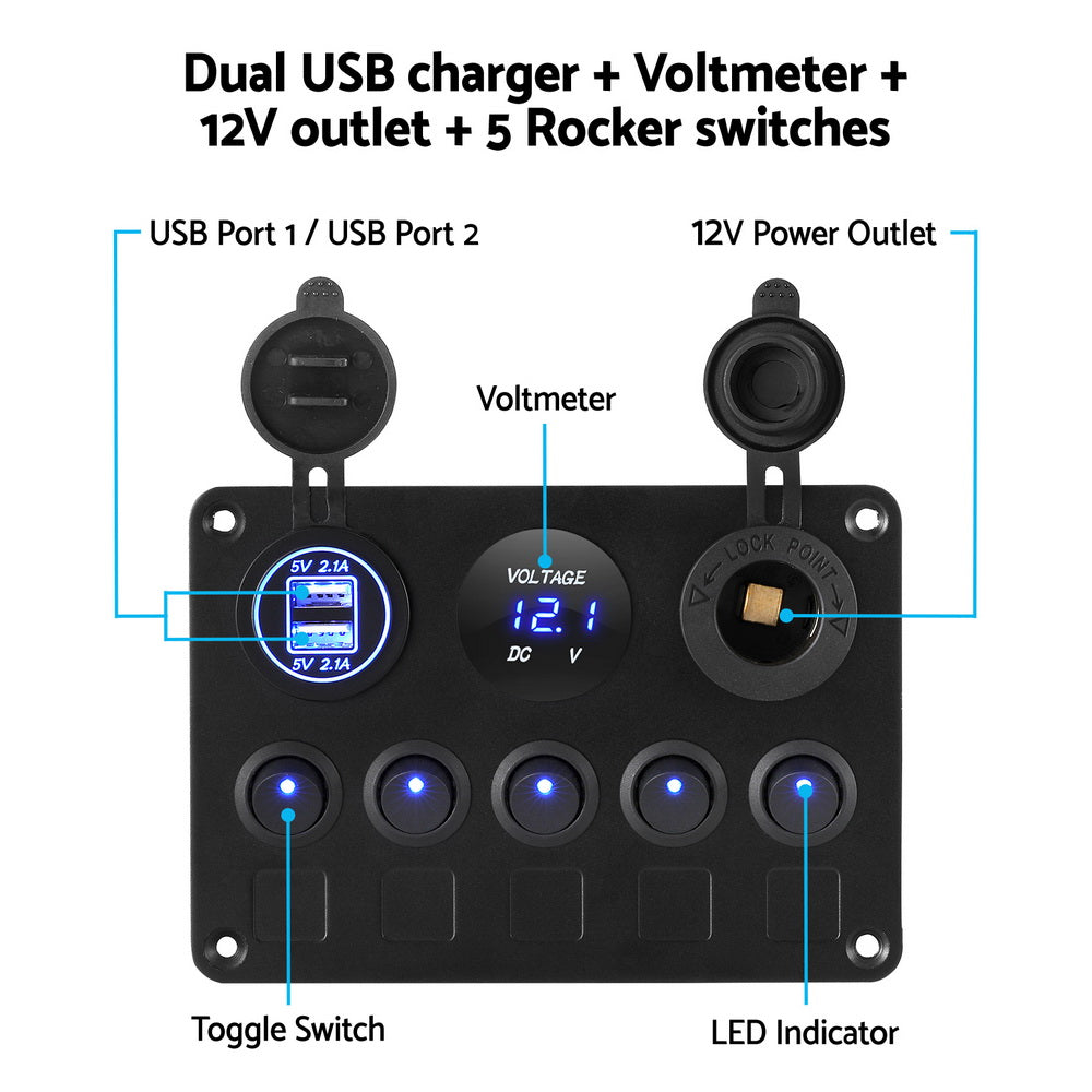 Marlook 5 Gang 12V Switch Panel For Car Boat Marine USB ON-OFF LED Rocker Toggle