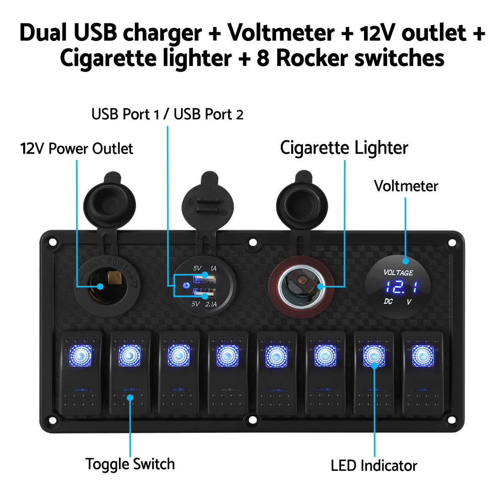 Marlook 8 Gang 12V Switch Panel For Car Boat Marine USB ON-OFF LED Rocker Toggle