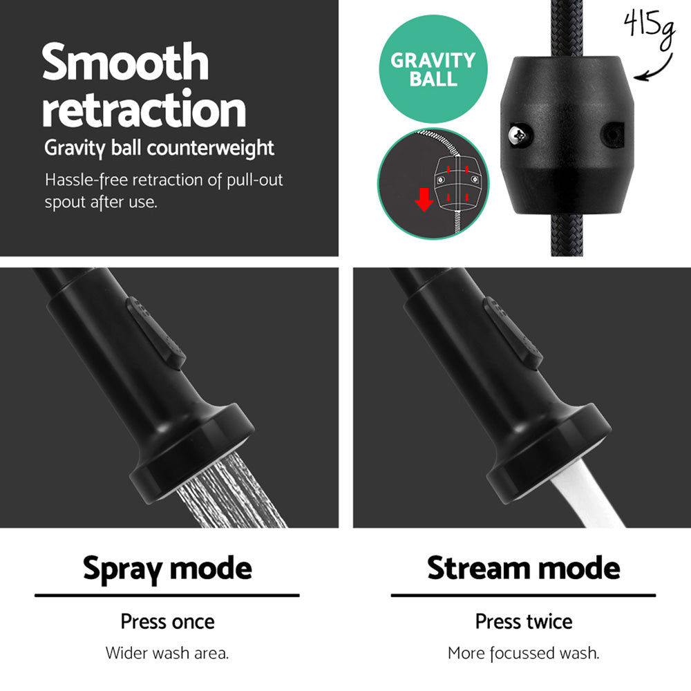 Marlook Kitchen Mixer Tap Pull Down 2 Modes Sink Faucet Basin Laundry Black
