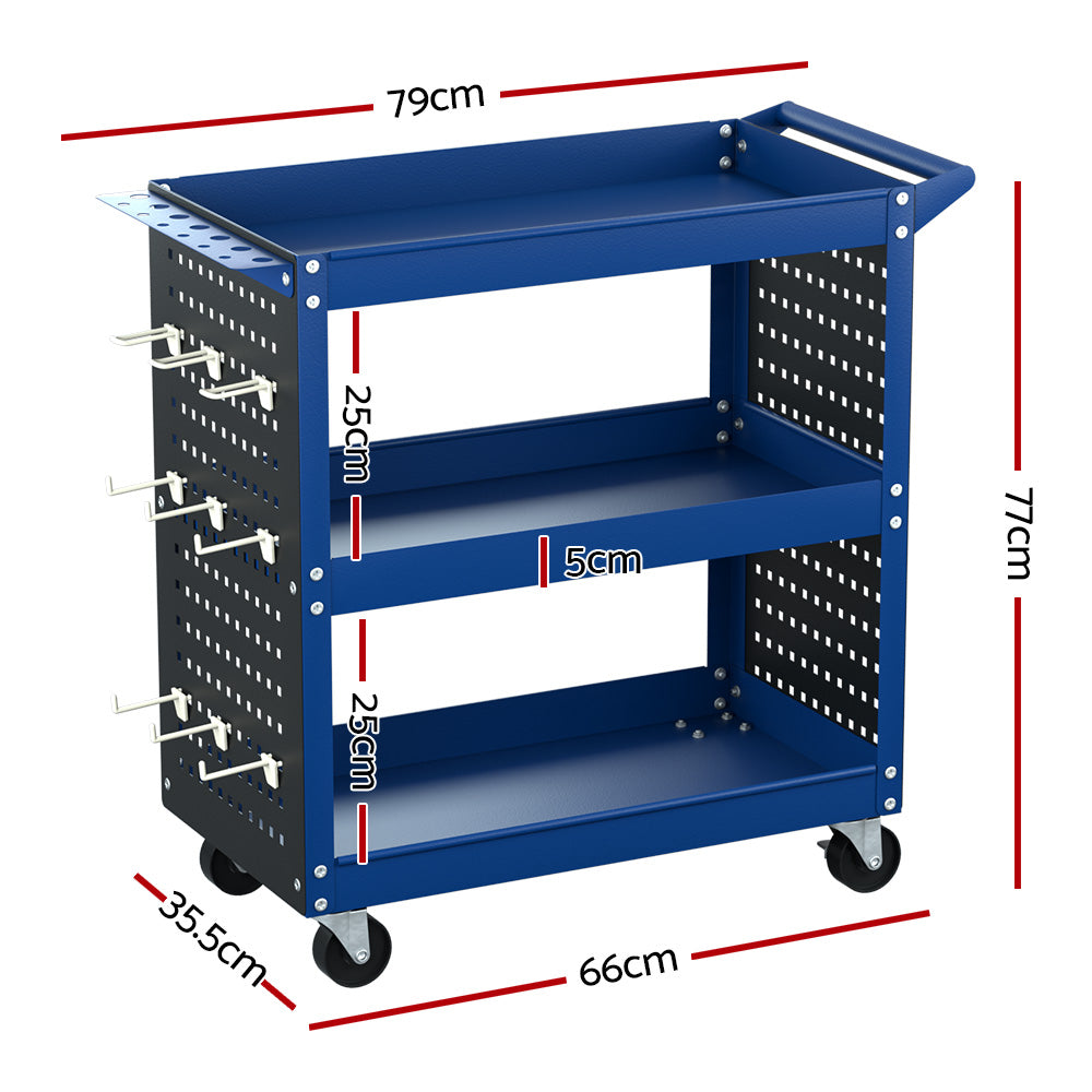 Marlook 3-Tier Tool Cart Storage Trolley Workshop Garage Pegboard Hooks Blue