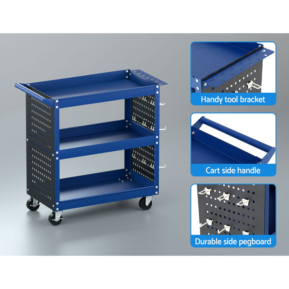 Marlook 3-Tier Tool Cart Storage Trolley Workshop Garage Pegboard Hooks Blue