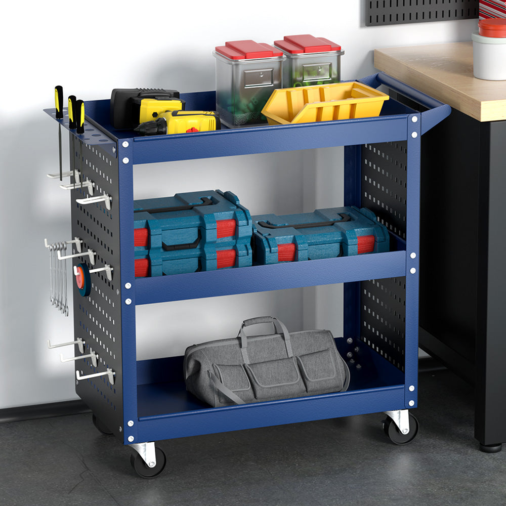 Marlook 3-Tier Tool Cart Storage Trolley Workshop Garage Pegboard Hooks Blue