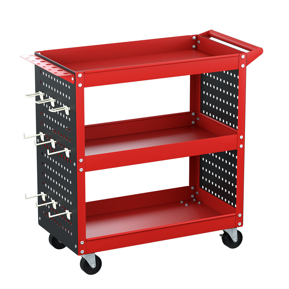 Marlook 3-Tier Tool Cart Storage Trolley Workshop Garage Pegboard Hooks Red