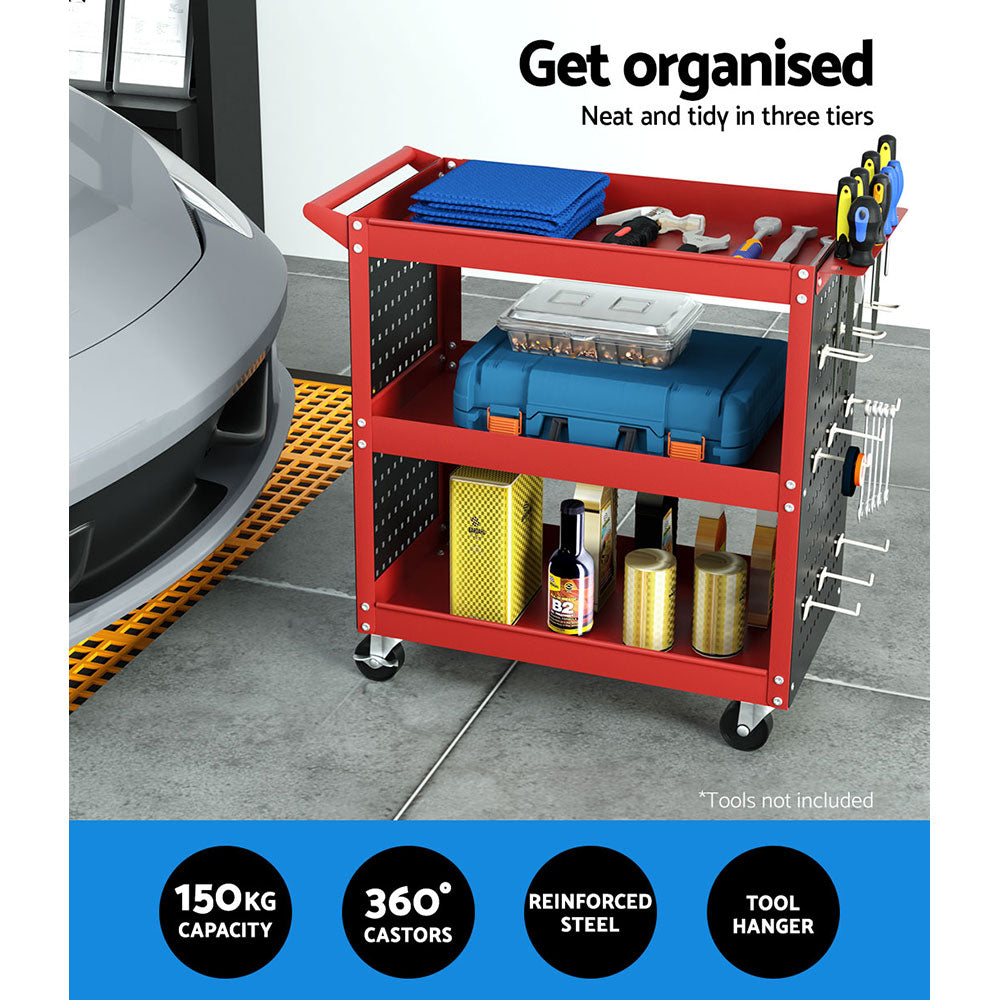 Marlook 3-Tier Tool Cart Storage Trolley Workshop Garage Pegboard Hooks Red