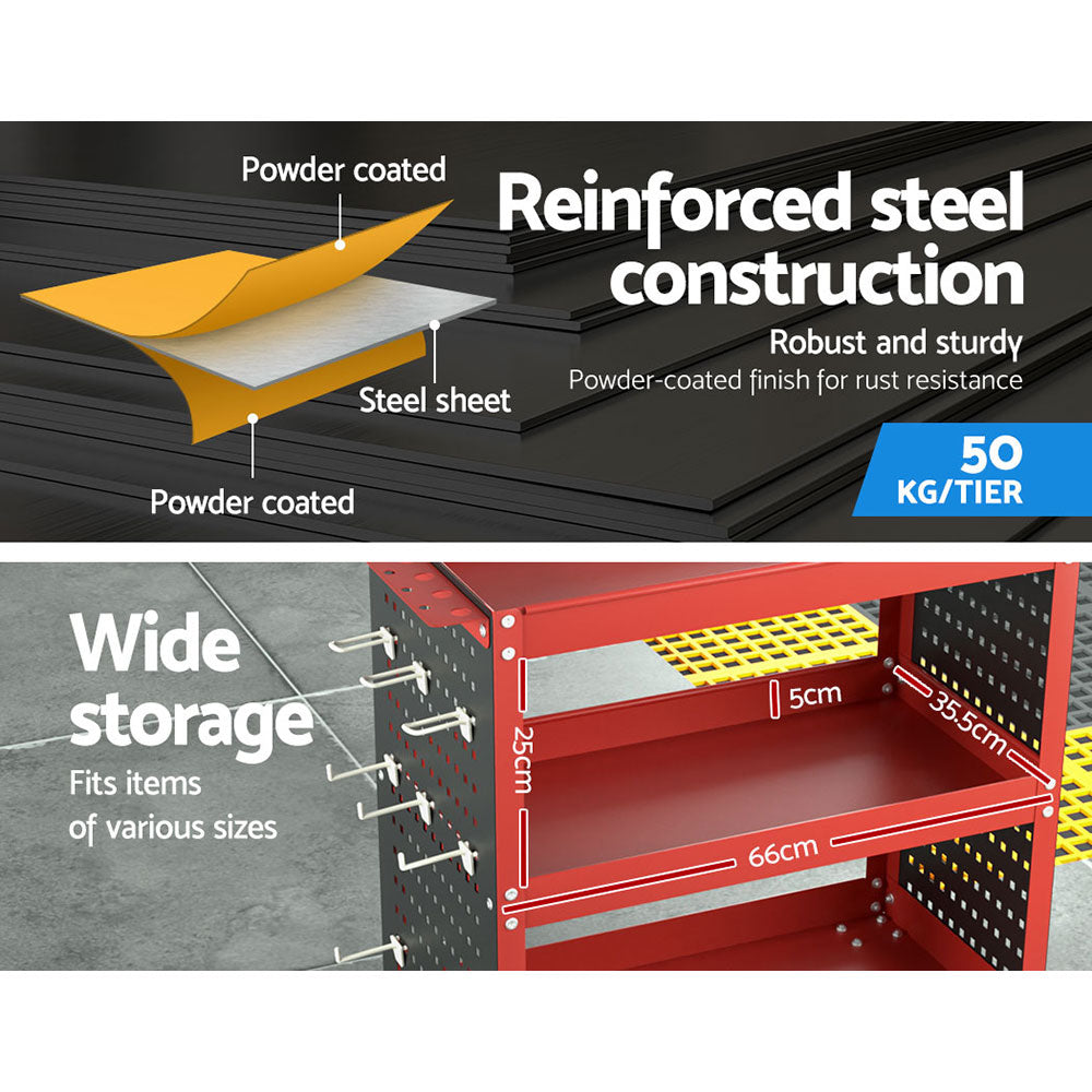 Marlook 3-Tier Tool Cart Storage Trolley Workshop Garage Pegboard Hooks Red