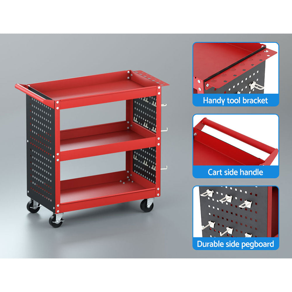 Marlook 3-Tier Tool Cart Storage Trolley Workshop Garage Pegboard Hooks Red