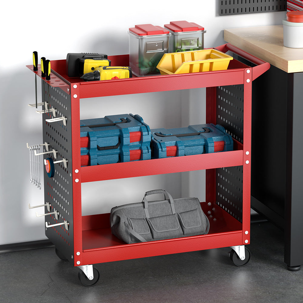 Marlook 3-Tier Tool Cart Storage Trolley Workshop Garage Pegboard Hooks Red