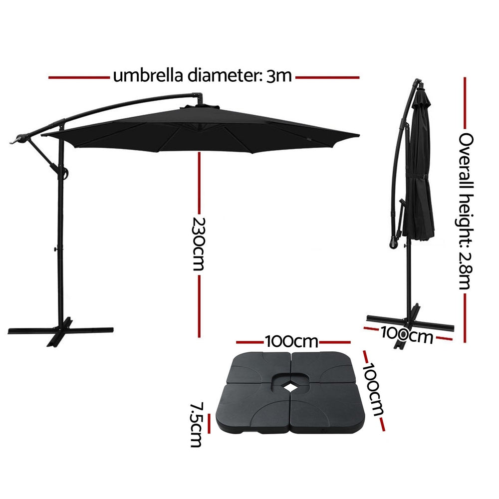 Marlook 3m Umbrella w/Base Outdoor Cantilever Beach Garden Patio Parasol Black