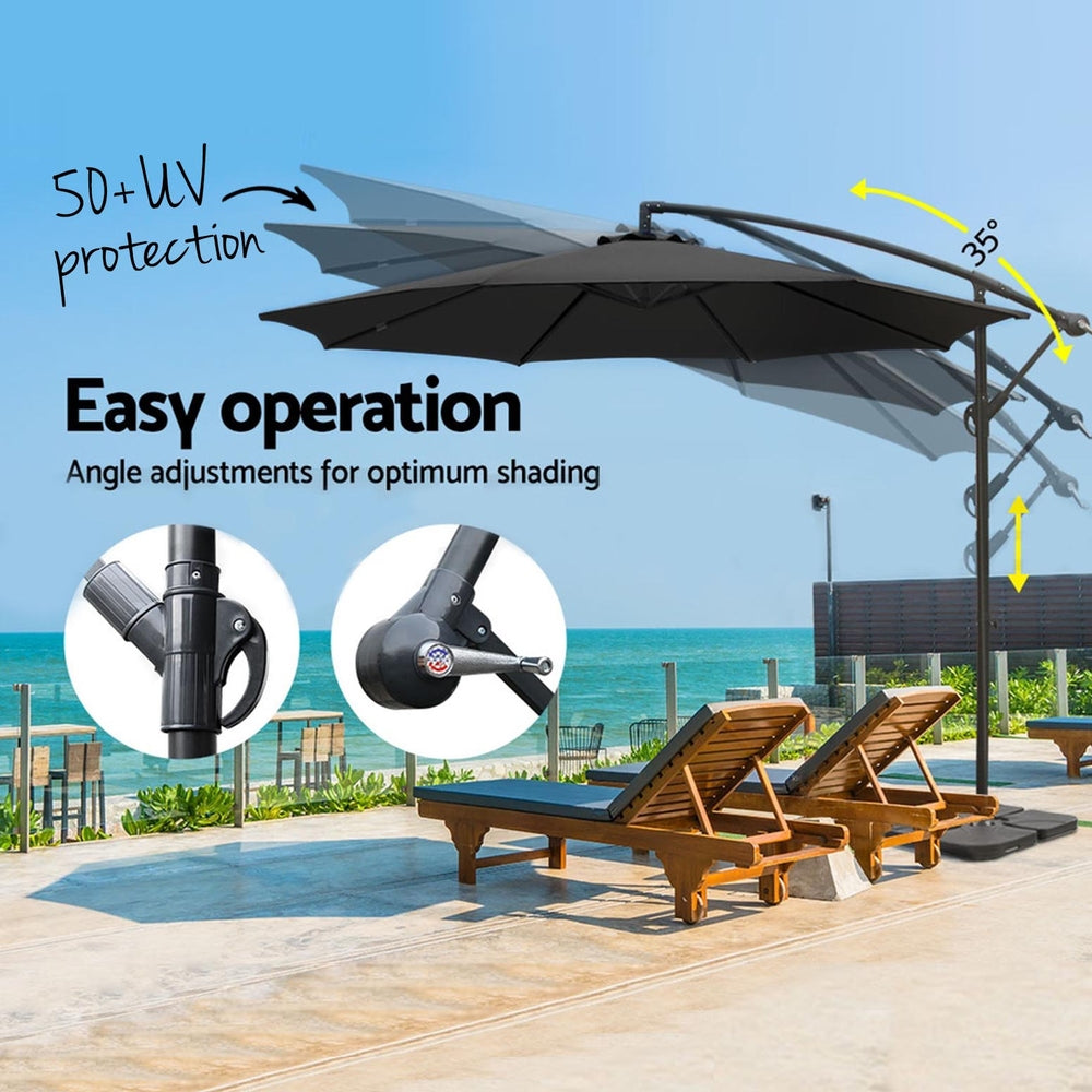Marlook 3m Umbrella w/Base Outdoor Cantilever Beach Garden Patio Parasol Black
