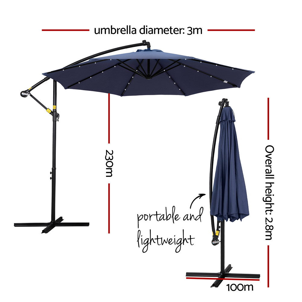 Marlook Outdoor Umbrella 3M Cantilever Beach LED Umbrellas Garden Shade Patio