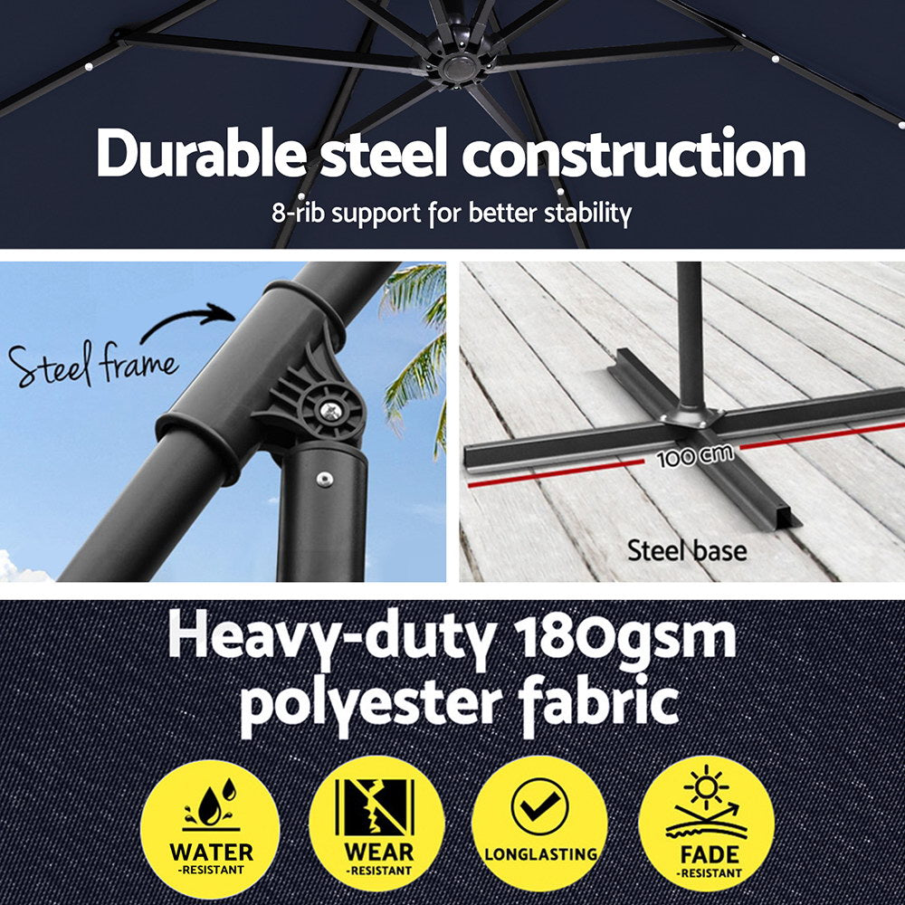 Marlook Outdoor Umbrella 3M Cantilever Beach LED Umbrellas Garden Shade Patio