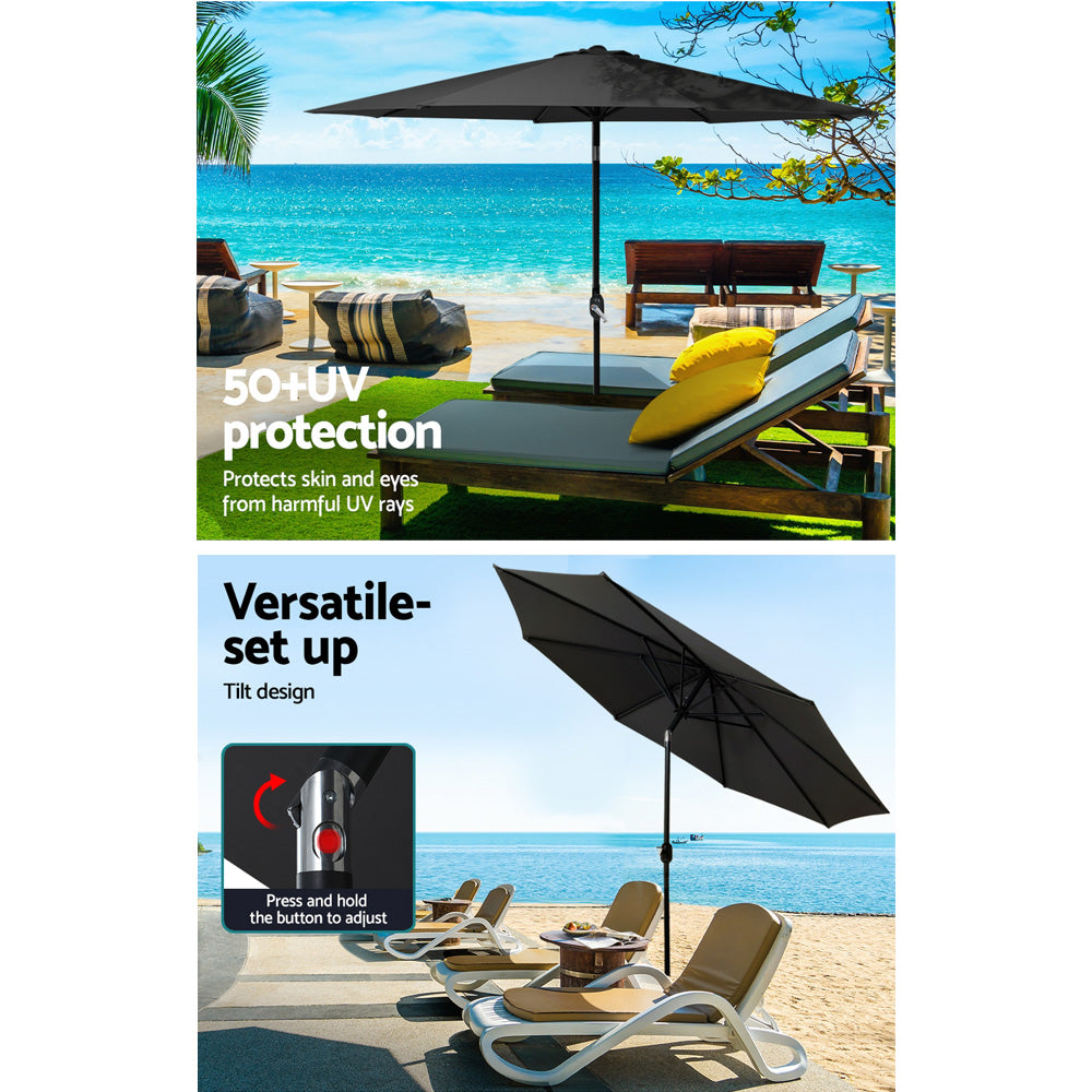 Marlook Outdoor Umbrella 2.7m Base Beach Pole Garden Tilt Sun Patio UV Black