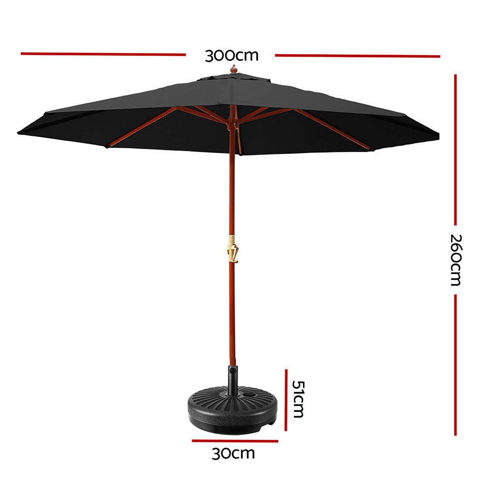 Marlook 3m Outdoor Umbrella w/Base Pole Umbrellas Garden Sun Stand Deck Black
