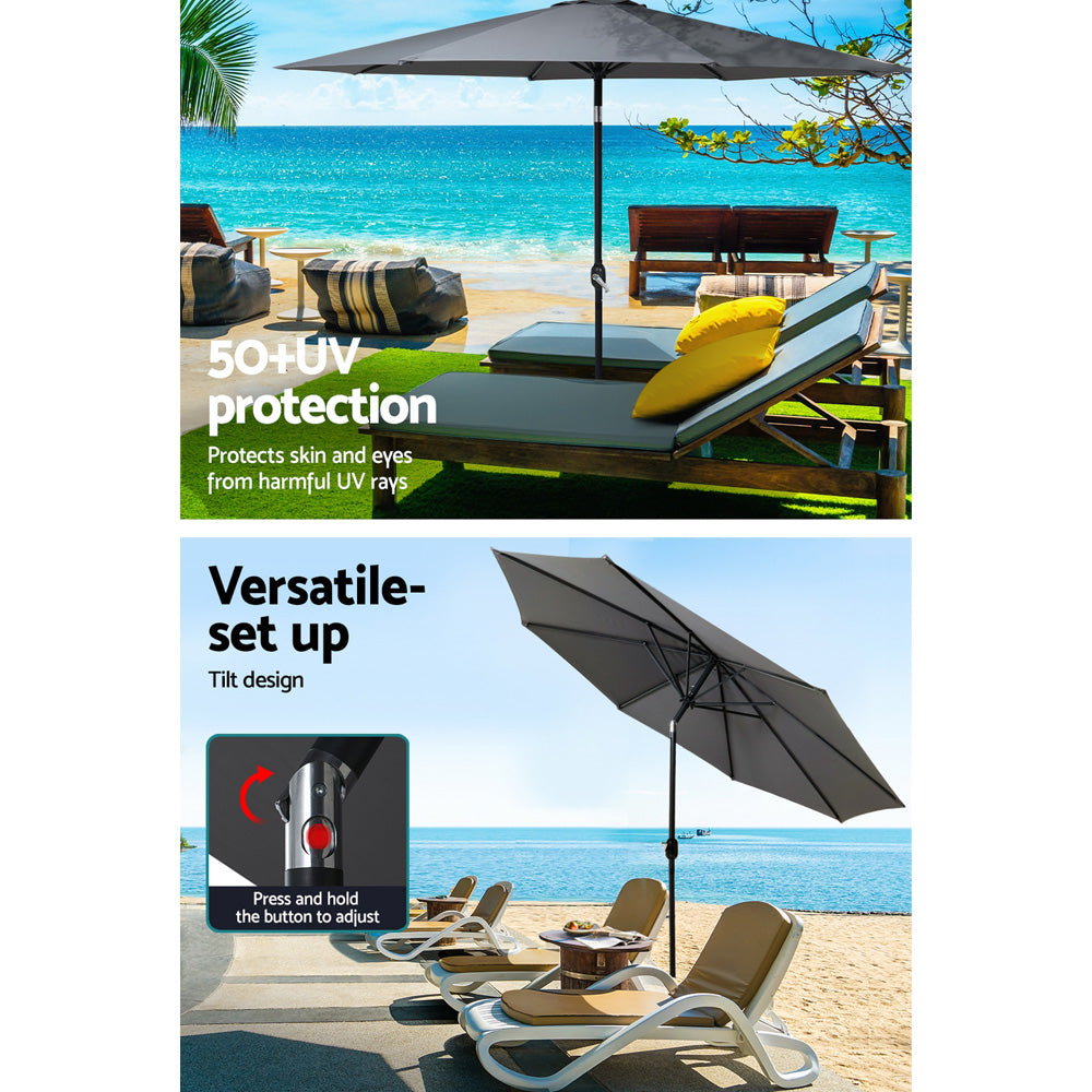Marlook Outdoor Umbrella 3m Base Beach Pole Garden Tilt Sun Patio UV Charcoal