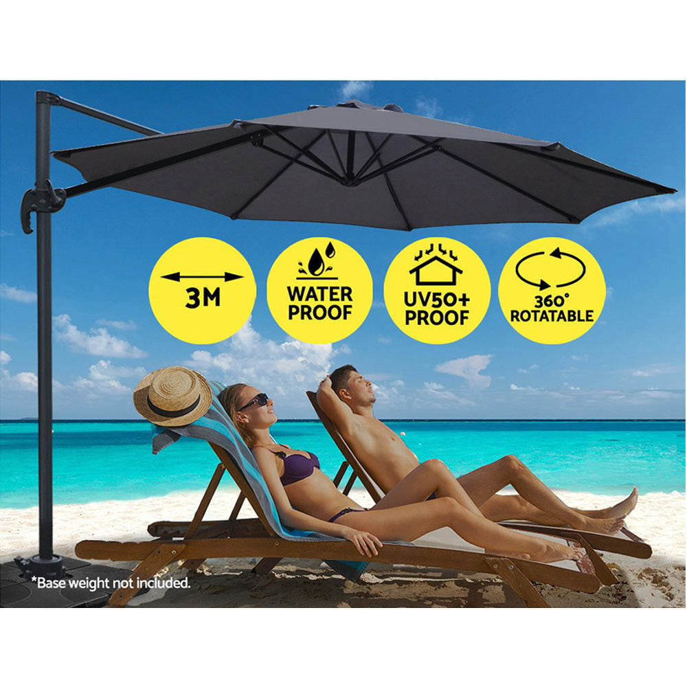 Marlook 3m Outdoor Umbrella Cantilever 360 Degree Tilt Beach Roma Charcoal