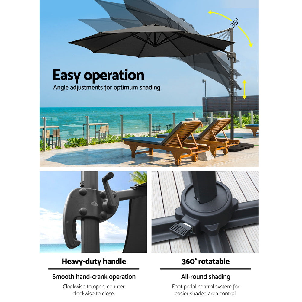 Marlook 3m Outdoor Umbrella w/Base Cantilever Beach Roma 360 Degree Tilt Black