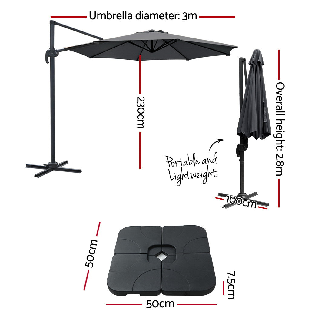 Marlook 3m Outdoor Umbrella w/Base Cantilever Beach Roma 360 Degree Tilt Charcoal