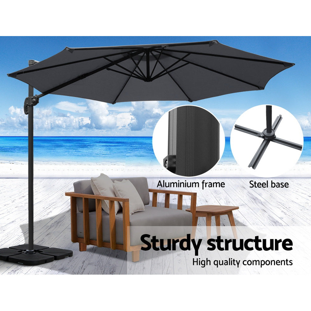 Marlook 3m Outdoor Umbrella w/Base Cantilever Beach Roma 360 Degree Tilt Charcoal