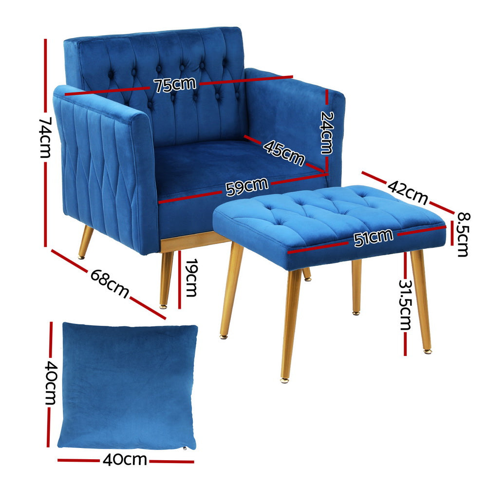 Marlook Armchair Ottoman Accent Chair Pillow Velvet Blue